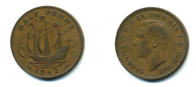 Великобритания 1/2 пенни 1942 Георг VI (1936-1952) KM 844, Spink 4115 бронза 4383-1021