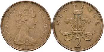 Великобритания 2 пенса 1976 Елизавета II (1952-2022) KM 916, Spink 4235 (C1) бронза 4593-833