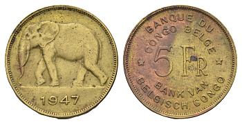 Бельгийское Конго 5 франков 1947 слон, Леопольд III, год тип KM 29 латунь 4127-1813