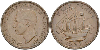 Великобритания 1/2 пенни 1939 Георг VI (1936-1952) KM 844, Spink 4115 бронза 117-1011