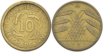 ГЕРМАНИЯ 10 РЕЙХСПФЕННИГОВ 1925 A KM 40, J. 317, Weege 9 алюминиевая бронза 210-351