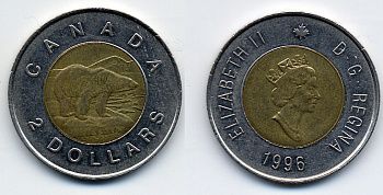 КАНАДА 2 ДОЛЛАРА 1996 ЕЛИЗАВЕТА II (1952-), ПОЛЯРНЫЙ МЕДВЕДЬ KM 270 биметалл 54-1241