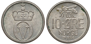 НОРВЕГИЯ 10 ЭРЕ 1966 KM 411 медно-никель 62-1216