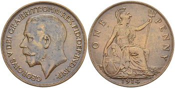 Великобритания 1 пенни 1914 Георг V (1910-1936) KM 810, Spink 4051 бронза 180-114