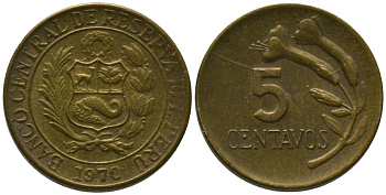 Перу 5 сентаво 1970 KM 244.2, Schon 49 латунь 4532-236