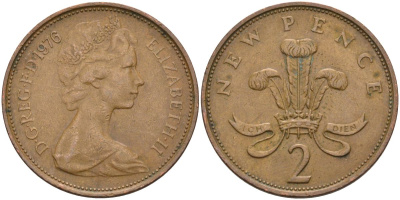 Великобритания 2 пенса 1976 Елизавета II (1952-2022) KM 916, Spink 4235 (C1) бронза 4593-833