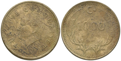 Турция 1000 лир 1990 Кемаль Ататюрк KM 97 медь цинк никель 4605-125