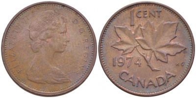 Канада 1 цент 1974 Елизавета II (1952-2022), кленовый лист KM 59.1 бронза 3457-1255