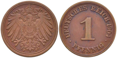 ГЕРМАНИЯ 1 ПФЕННИГ 1904 F KM 10, J. 10, Weege 2 медь 211-315