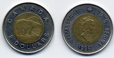 КАНАДА 2 ДОЛЛАРА 1996 ЕЛИЗАВЕТА II (1952-), ПОЛЯРНЫЙ МЕДВЕДЬ KM 270 биметалл 54-1241