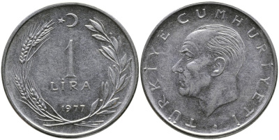 Турция 1 лира 1977 Мустафа Кемаль Ататюрк KM 889а.2 нержавеющая сталь 4541-525