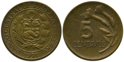 Перу 5 сентаво 1970 KM 244.2, Schon 49 латунь 4532-236