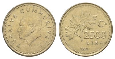 Турция 2500 лир 1991 Кемаль Ататюрк KM 1015 никель латунь UNC 4648-851
