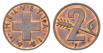 Швейцария 2 раппена 1951 B KM 47 бронза 4705-848