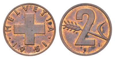 Швейцария 2 раппена 1951 B KM 47 бронза 4705-848