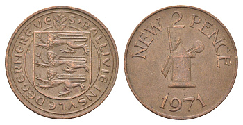 Гернси 2 новых пенса 1971 Елизавета II (1952-2022), ветряная мельница KM 22 бронза 4703-1053