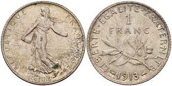 Франция 1 франк 1913 KM 844 серебро 4159-513
