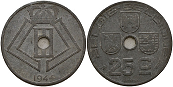 Бельгия 25 сантимов 1944 Belgie - Belgique KM 132 цинк 4187-944