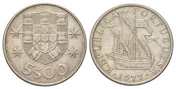 Португалия 5 эскудо 1977 KM 591 медно-никель 4628-1014