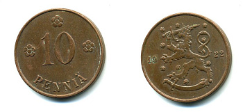 Финляндия 10 пенни 1922 республика (1918-1962) KM 24 медь 46-717