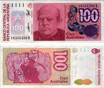 АРГЕНТИНА 100 АУСТРАЛЕЙ 1990 СЕРИЯ D 14162, Фаустино Сармьенто, Аргентинский военный деятель, масон Pick 327c, Bottero 2847 бумага UNC (ПРЕСС) 6352-12-2-1