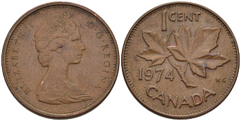 Канада 1 цент 1974 Елизавета II (1952-2022), кленовый лист KM 59.1 бронза 96-562