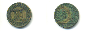 Франция 50 сантимов 1922 тип Chambre de Commerce KM 884, Le Franc 191.5 алюминиевая бронза 86-1742