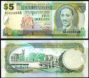 Барбадос 5 долларов 2007 Сэр Фрэнк Воррелл Pick 67 бумага UNC (пресс)   447-10-3