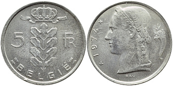 БЕЛЬГИЯ 5 ФРАНКОВ 1974 BELGIE KM 135.1 медно-никель 4110-435