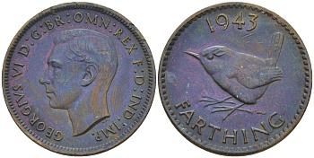 Великобритания 1 фартинг 1943 Георг VI (1936-1952) KM 843, Spink 4116 бронза    4189-117