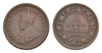 Британская Индия 1/12 анны 1916 Георг V (1910-1936) KM 509 бронза 75-1133