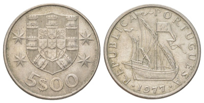 Португалия 5 эскудо 1977 KM 591 медно-никель 4628-1014