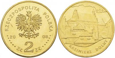Польша 2 злотых 2008 серия города Польши, Казимеж-Дольны KM 641 латунь UNC 69-1126