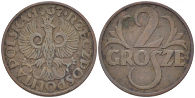 ПОЛЬША 2 ГРОША 1937 w KM 9а бронза 214-753