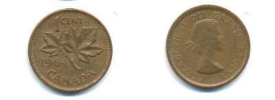 Канада 1 цент 1964 Елизавета II (1952-2022), кленовый лист KM 49 бронза 177-1327