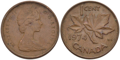 Канада 1 цент 1974 Елизавета II (1952-2022), кленовый лист KM 59.1 бронза 96-562