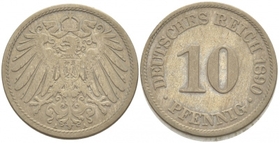 ГЕРМАНИЯ 10 ПФЕННИГОВ 1890 A KM 12, J. 13 медно-никель 3996-1162