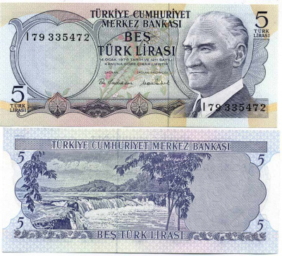 ТУРЦИЯ 5 ЛИР 1976 ПРЕЗИДЕНТ КЕМАЛЬ АТАТЮРК, МАНАВГАТ ВОДОПАД В АНТАЛИИ Pick 185 бумага UNC (ПРЕСС) 7147-36-3