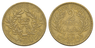 Тунис 2 франка 1945 KM 248 алюминиевая бронза 4179-612