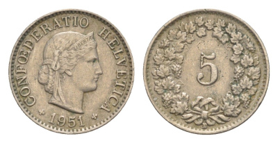 Швейцария 5 раппенов 1951 B KM 26 медно-никель 4627-927