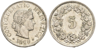 Швейцария 5 раппенов 1966 B KM 26 медно-никель 4608-455