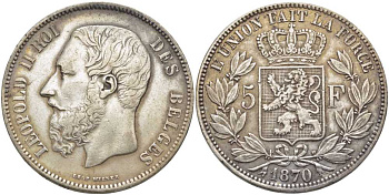Бельгия 5 франков 1870 Леопольд II (1865-1909) KM 24 серебро 5010-912