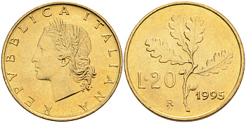 Италия 20 лир 1995 R, дубовый лист KM 97.2 алюминиевая бронза  UNC  4594-1034