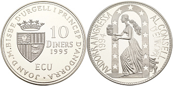 Андорра 10 динеров 1995 вступление Андорры в совет Европы KM 108 серебро PROOF 11-236-21