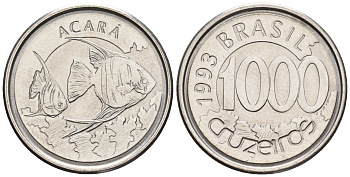 Бразилия 1000 крузейро 1993 реформа 1990-1993, рыбка Акара KM 626 нержавеющая сталь 87-145