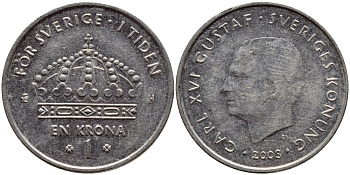 Швеция 1 крона 2003 Карл XVI Густав (1973- ) KM 894 медно-никель 4179-1035