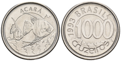 Бразилия 1000 крузейро 1993 реформа 1990-1993, рыбка Акара KM 626 нержавеющая сталь 87-145