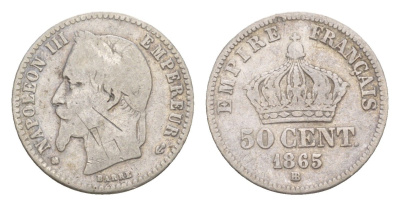 Франция 50 сантимов 1865 BB, Наполеон III (1852-1870) KM 814.2 серебро 4658-823