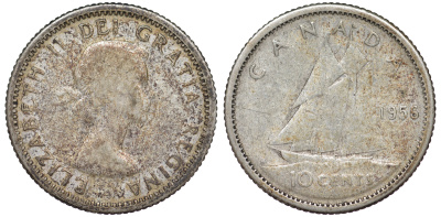 Канада 10 центов 1956 Елизавета II (1952-2022), парусник KM 51 серебро 4178-154