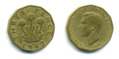 Великобритания 3 пенса 1942 Георг VI (1936-1952) KM 849, Spink 4112 никель латунь 540-241